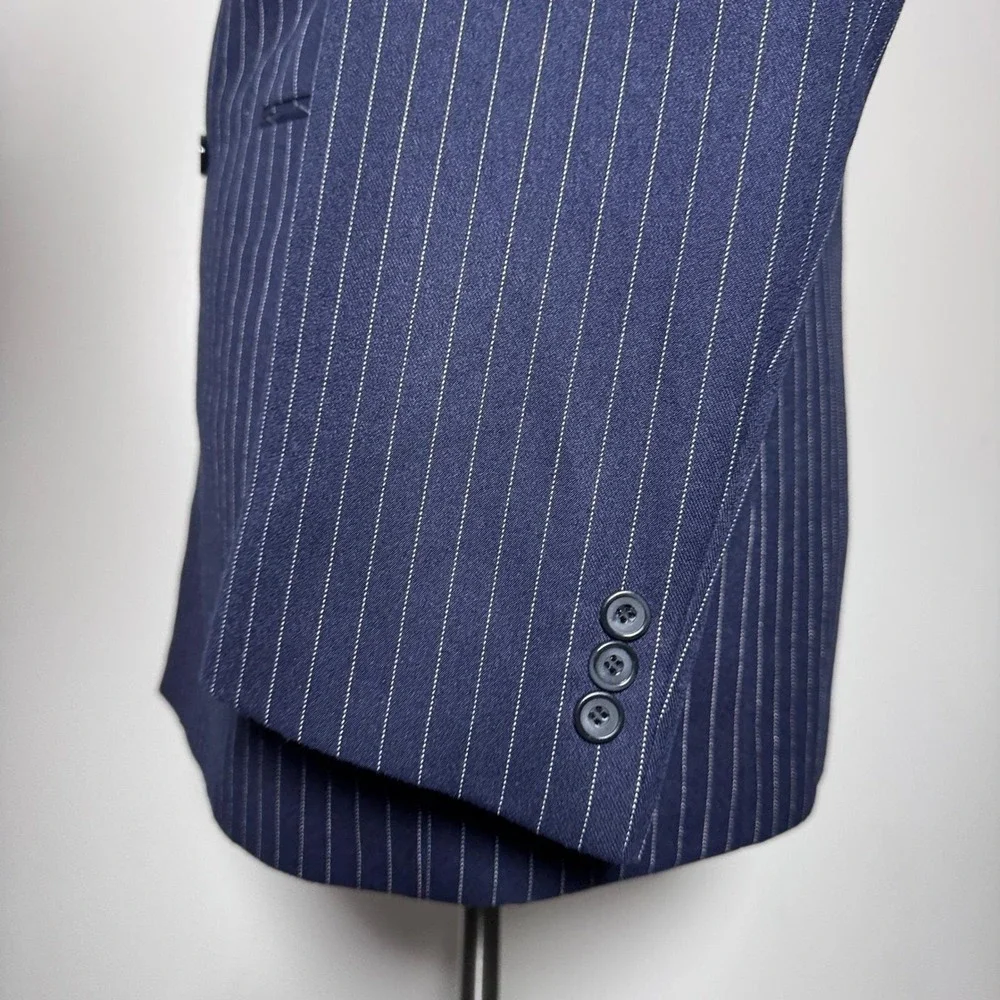 Custom Tailored Vtg Suit Mens 42L 34x33 Navy Pinstripe Double‎ Breasted Peak
